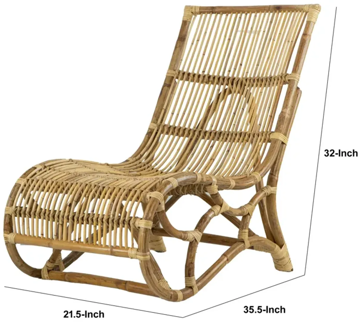 35 Inch Retro Style Rattan Lounge Chair, Slatted Support, Natural Brown-Benzara