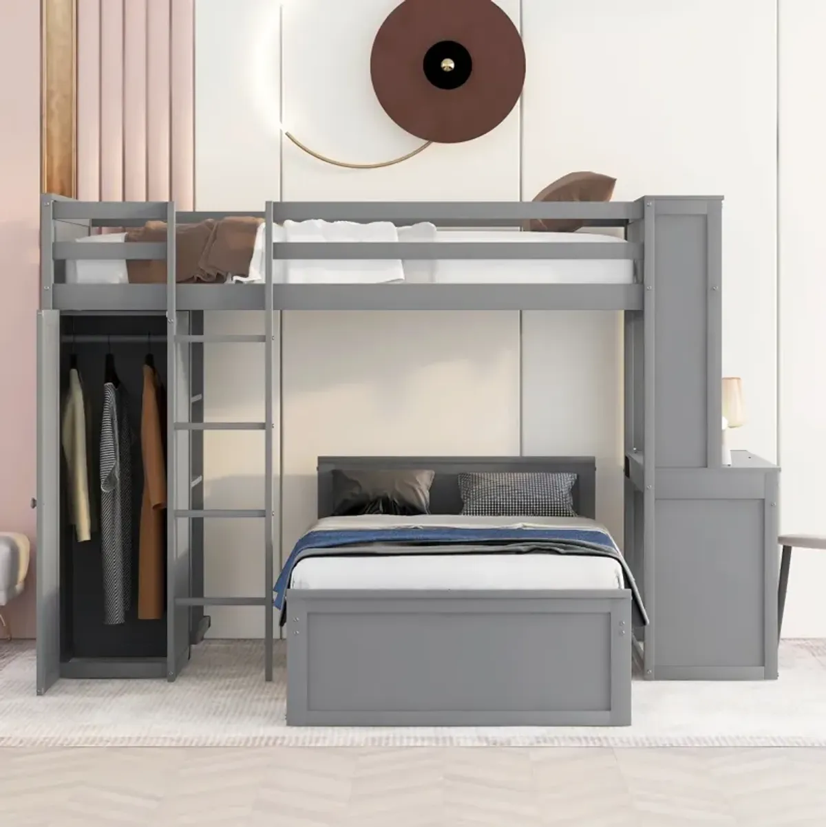 Twin Size Loft Bed With A Stand-Alone Bed, Shelves, Desk, And Wardrobe