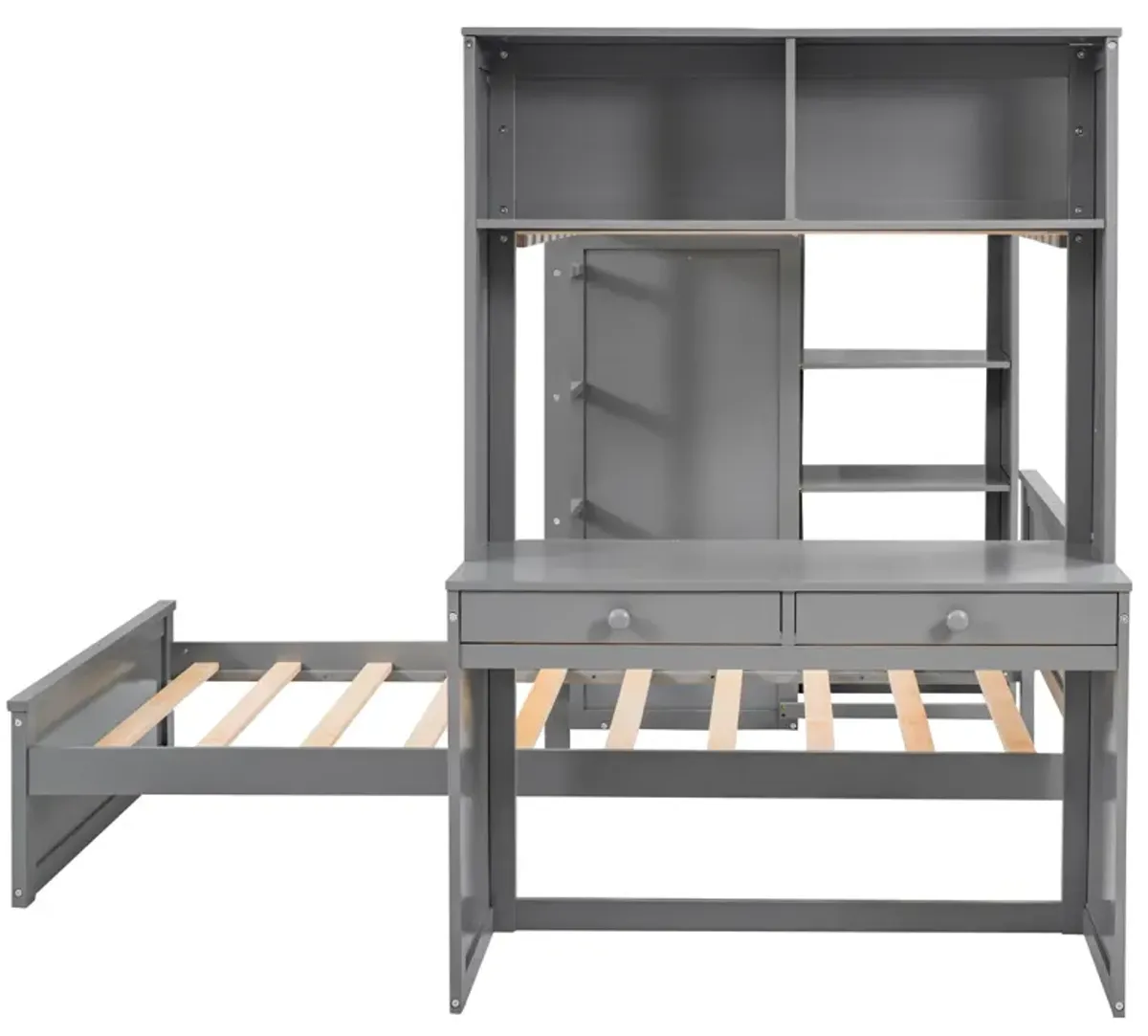 Twin Size Loft Bed With A Stand-Alone Bed, Shelves, Desk, And Wardrobe