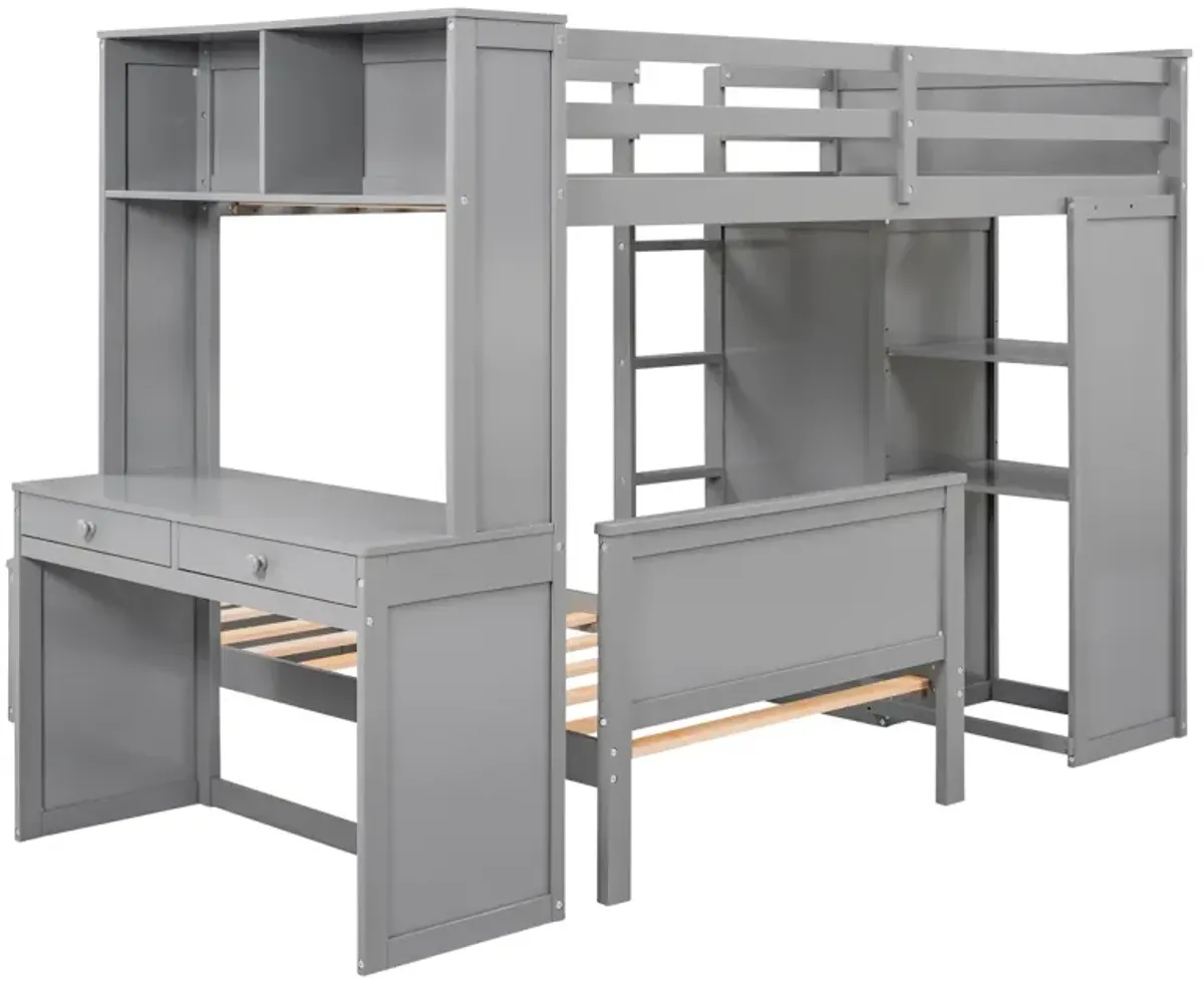 Twin Size Loft Bed With A Stand-Alone Bed, Shelves, Desk, And Wardrobe