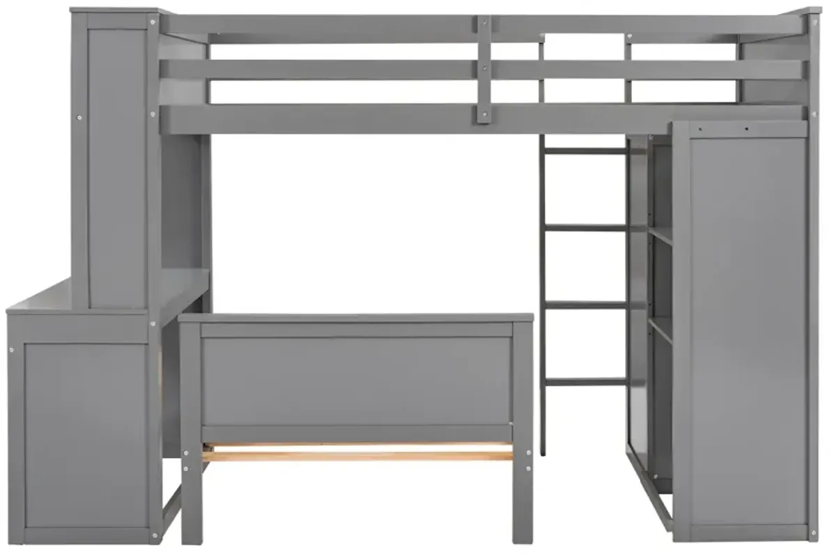 Twin Size Loft Bed With A Stand-Alone Bed, Shelves, Desk, And Wardrobe