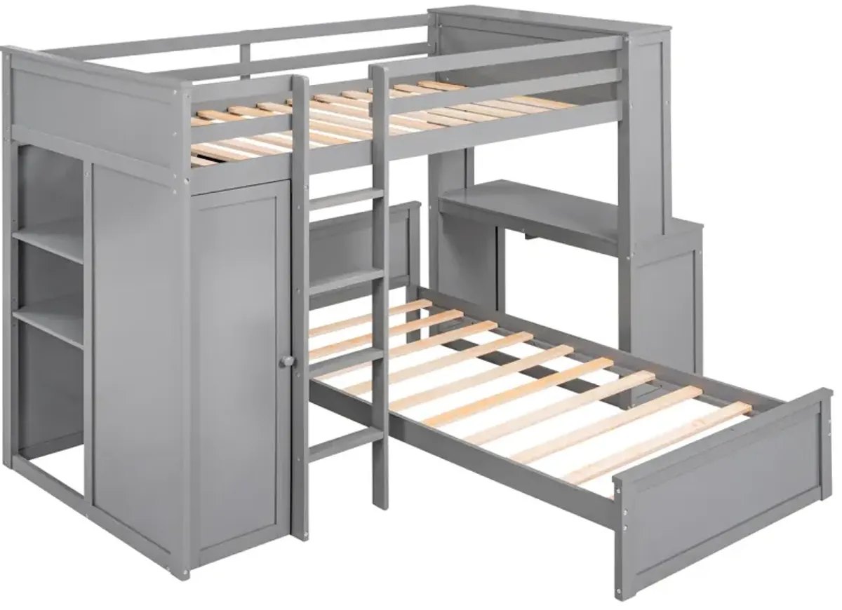 Twin Size Loft Bed With A Stand-Alone Bed, Shelves, Desk, And Wardrobe