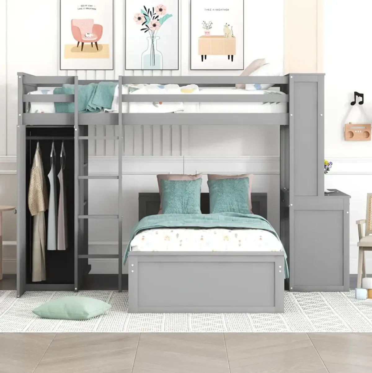 Twin Size Loft Bed With A Stand-Alone Bed, Shelves, Desk, And Wardrobe