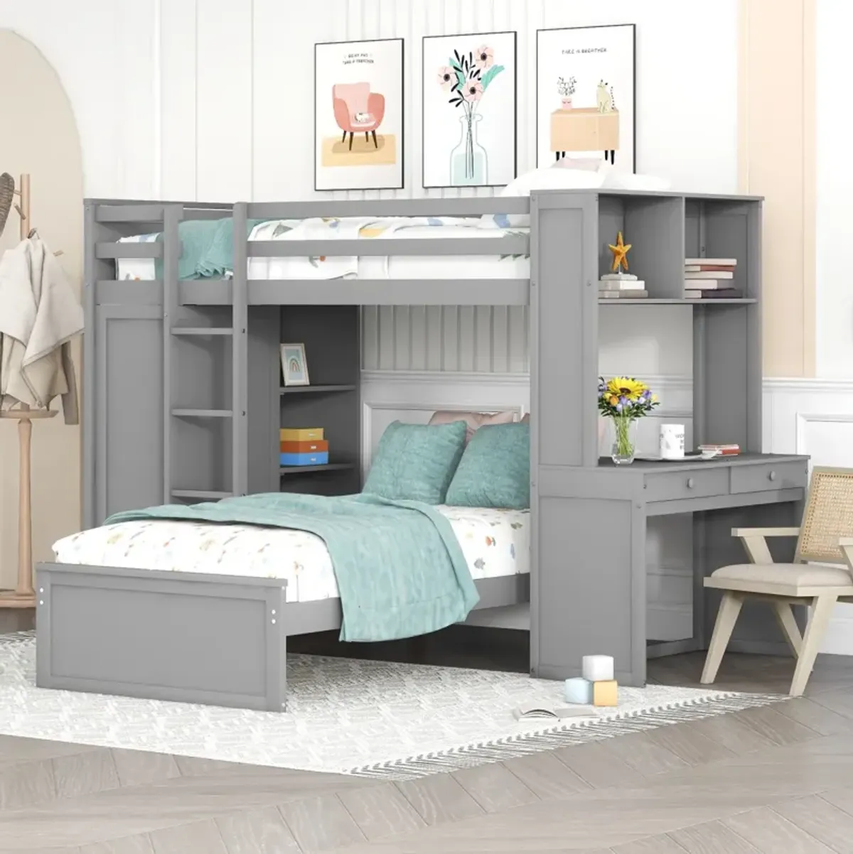 Twin Size Loft Bed With A Stand-Alone Bed, Shelves, Desk, And Wardrobe