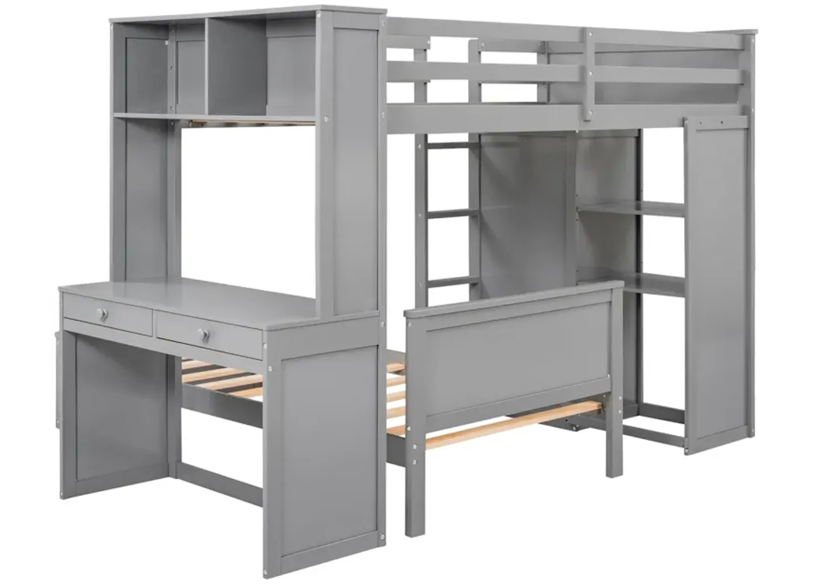 Twin Size Loft Bed With A Stand-Alone Bed, Shelves, Desk, And Wardrobe