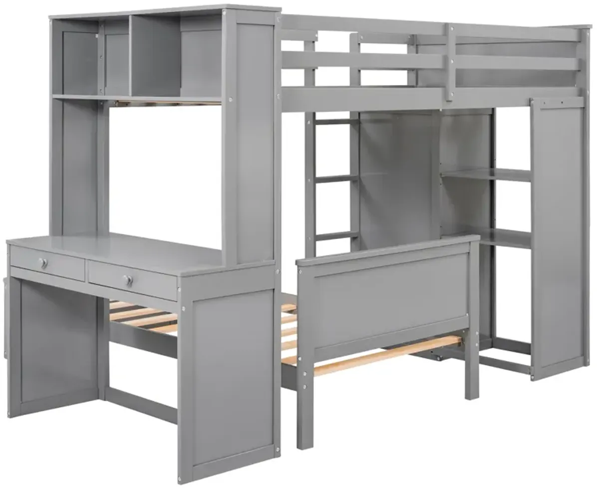 Twin Size Loft Bed With A Stand-Alone Bed, Shelves, Desk, And Wardrobe