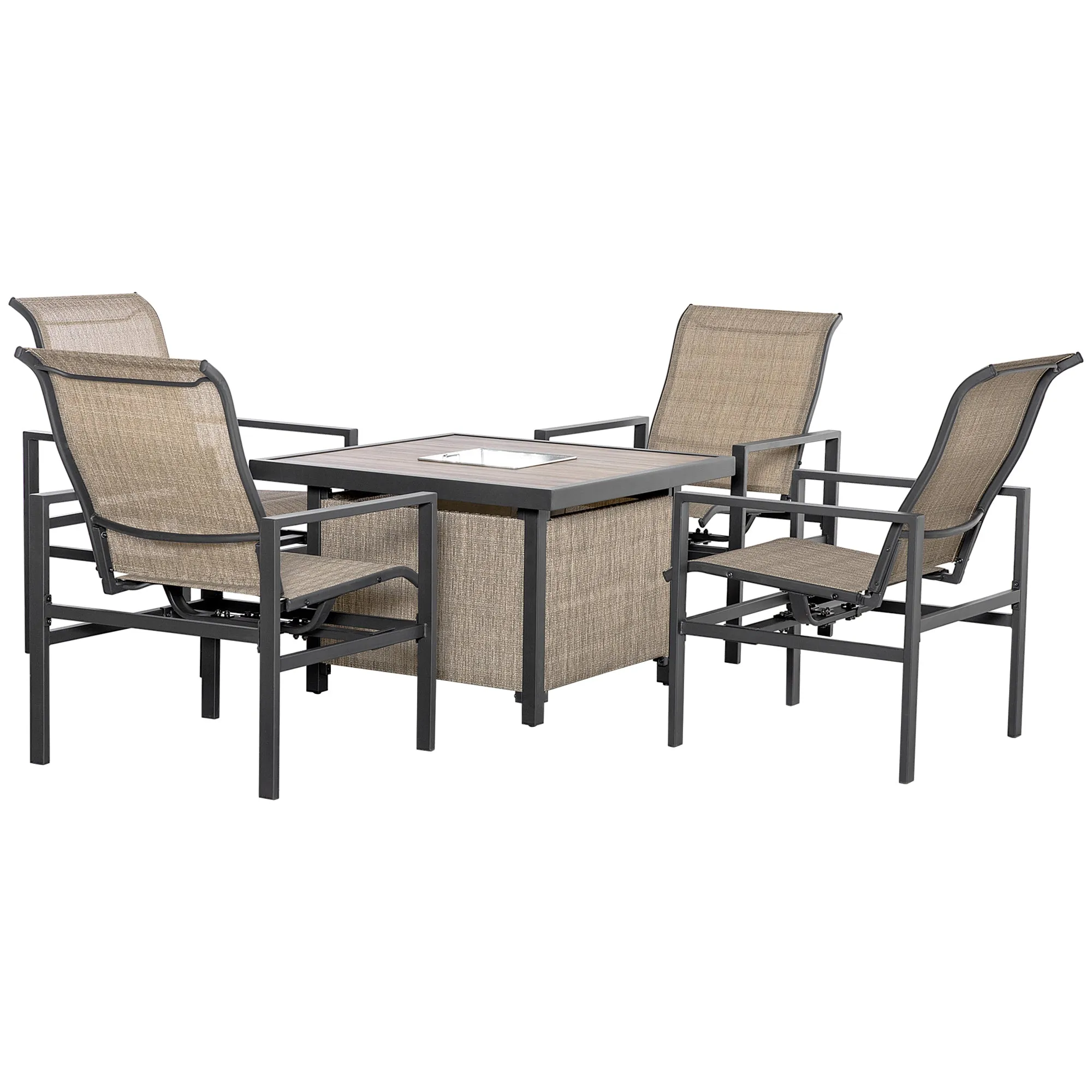 Rattan Patio Dining Set 5-Piece Outdoor Wicker Furniture Set 4 Rocking Chairs Square Table Metal Ice Bucket Beige