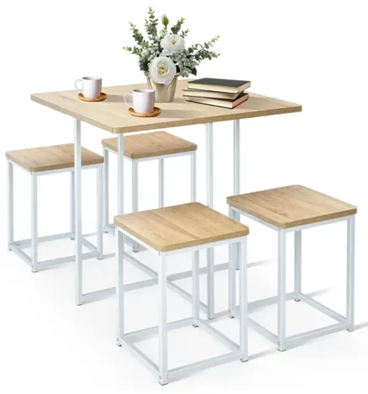 5 Pieces Metal Frame Dining Set with Compact Dining Table and 4 Stools