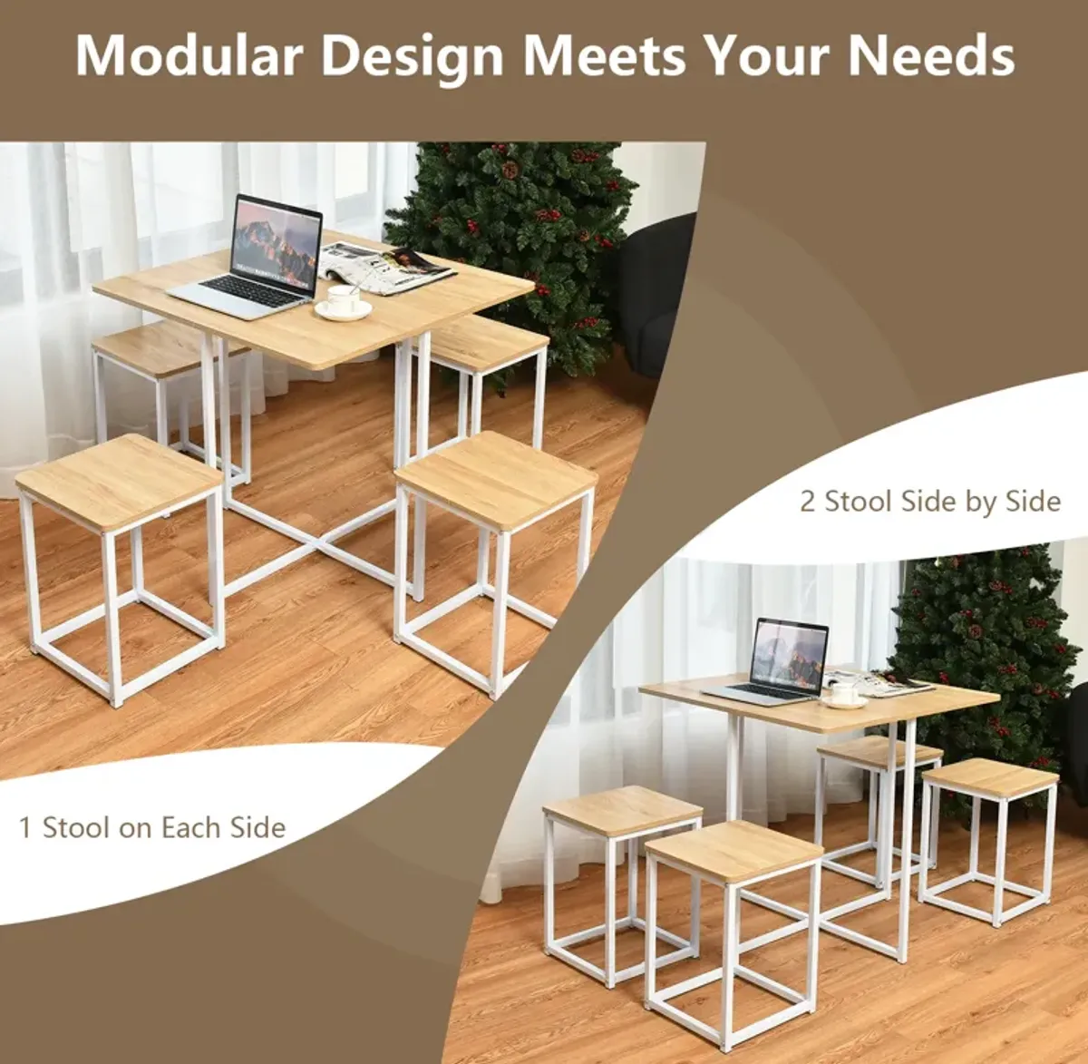 5 Pieces Metal Frame Dining Set with Compact Dining Table and 4 Stools