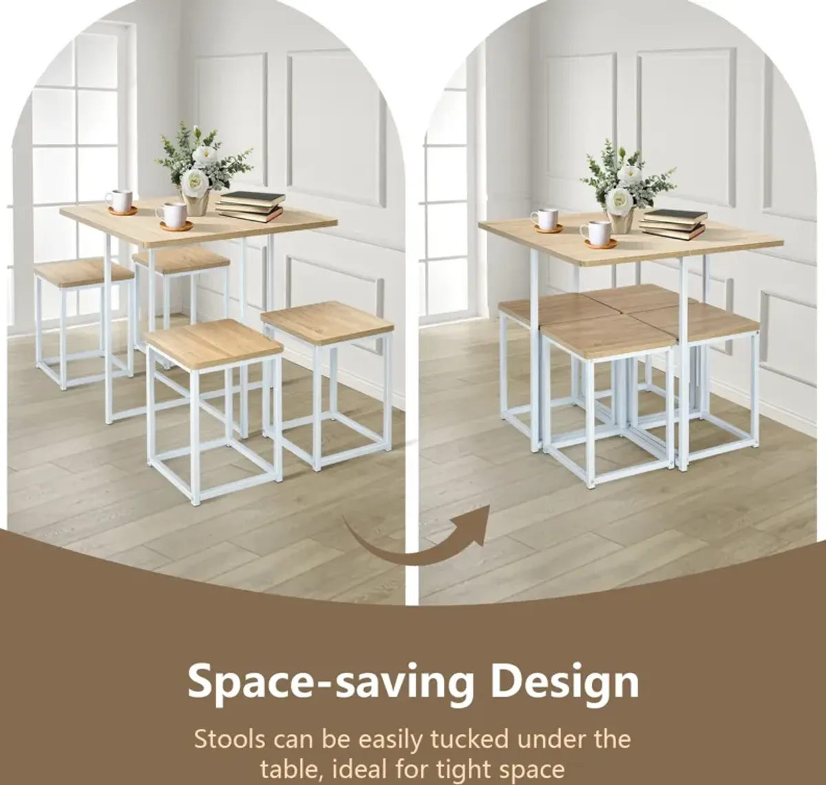 5 Pieces Metal Frame Dining Set with Compact Dining Table and 4 Stools