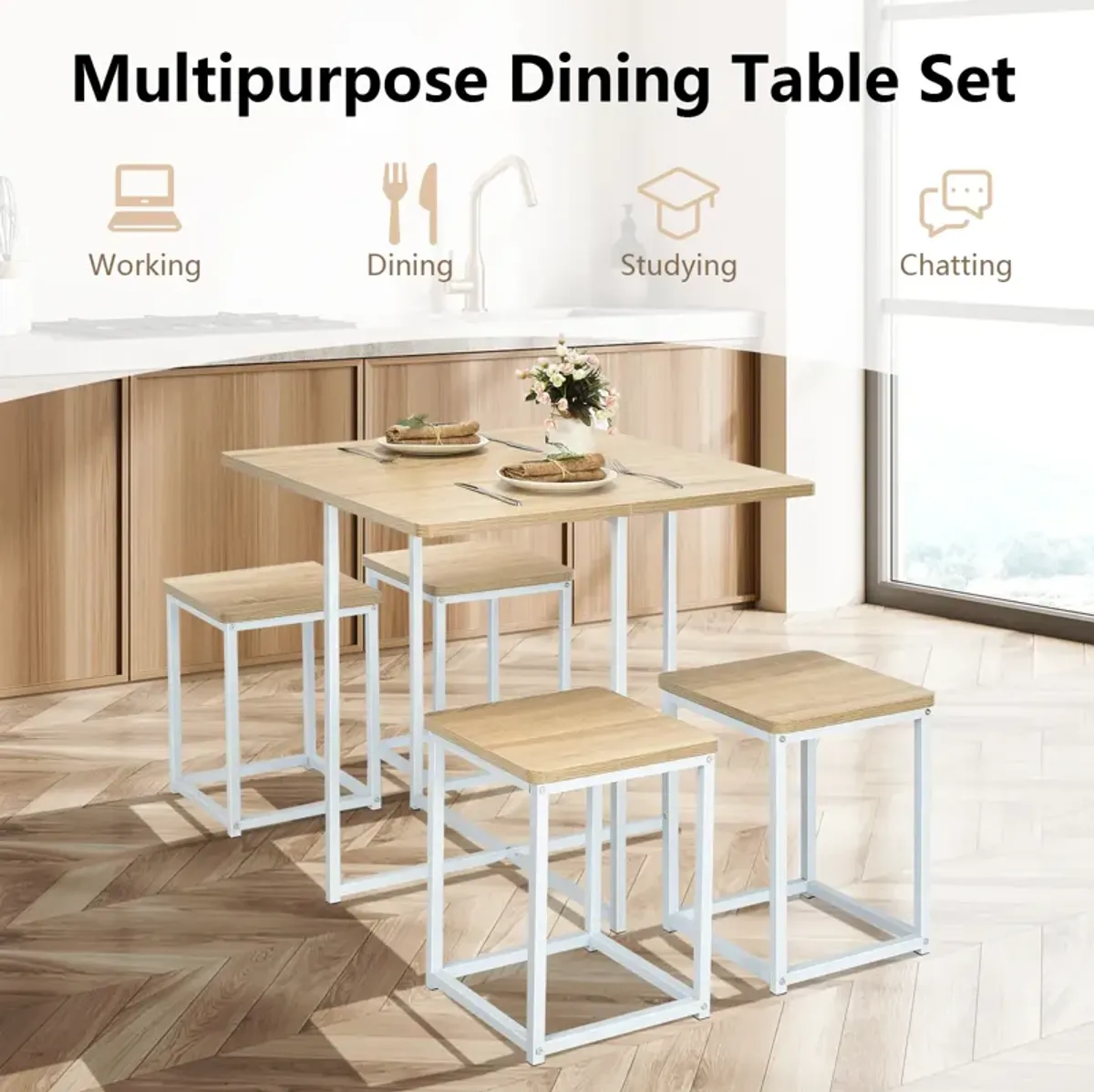 5 Pieces Metal Frame Dining Set with Compact Dining Table and 4 Stools