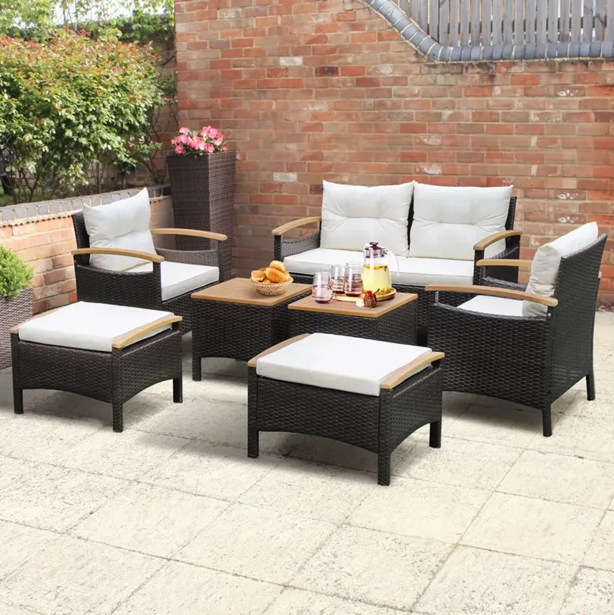 7 Piece Rattan Patio Sofa Set with Acacia Wood Tabletop and Armrests