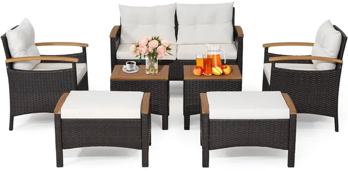 7 Piece Rattan Patio Sofa Set with Acacia Wood Tabletop and Armrests