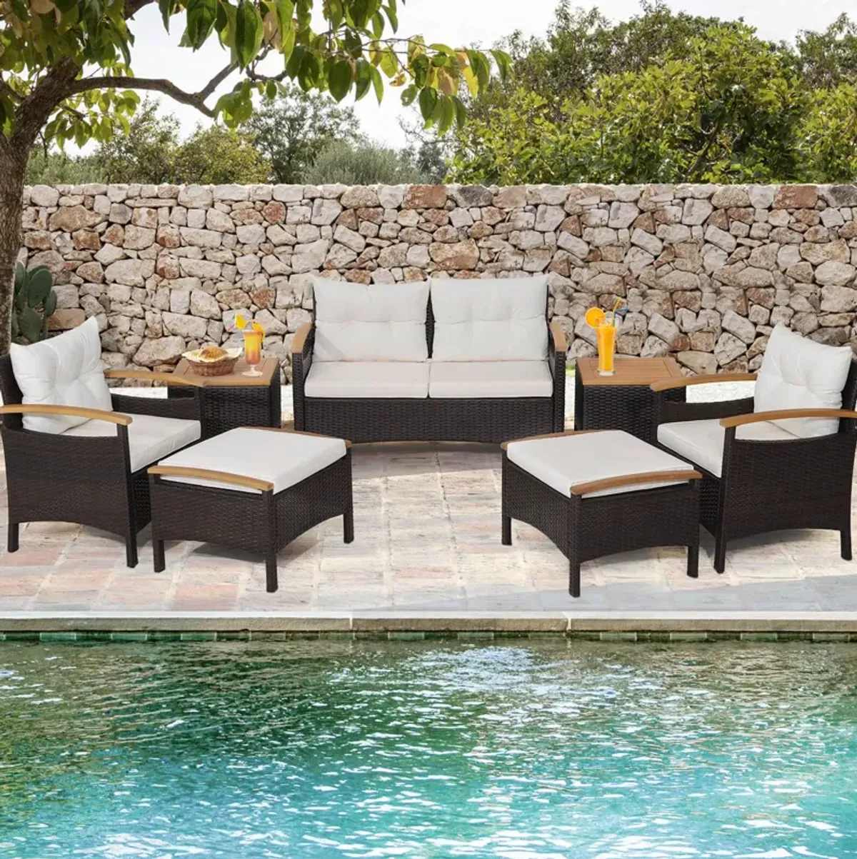 7 Piece Rattan Patio Sofa Set with Acacia Wood Tabletop and Armrests