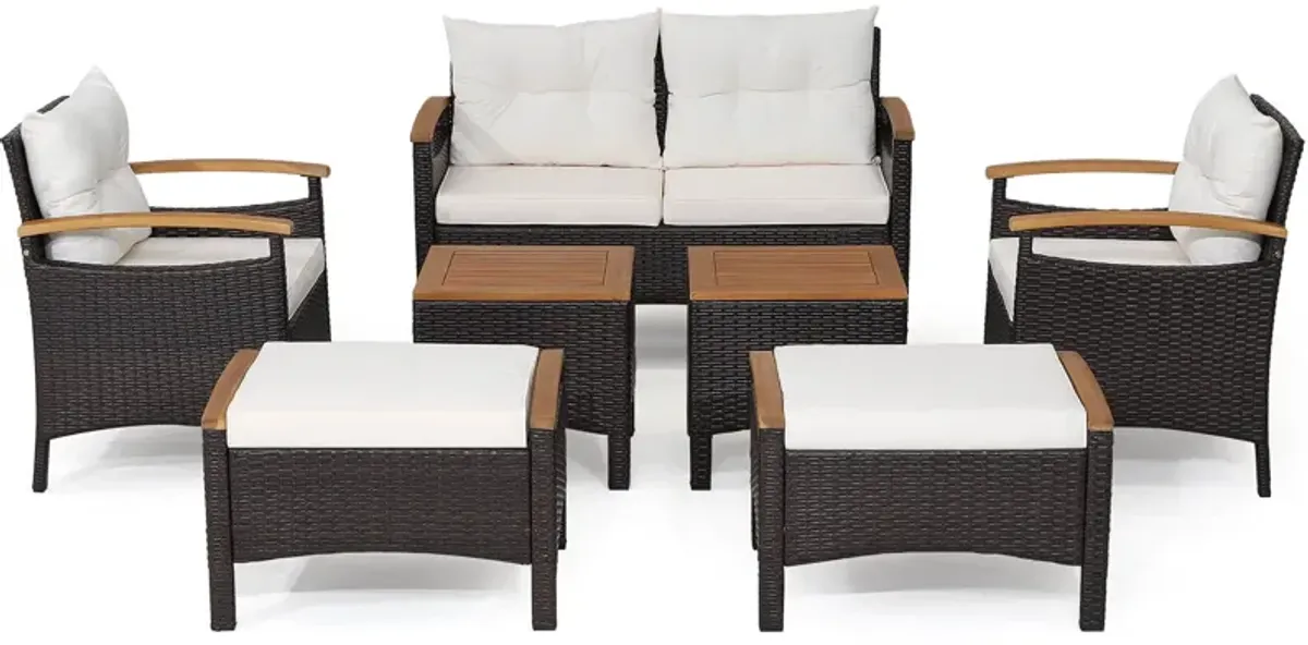 7 Piece Rattan Patio Sofa Set with Acacia Wood Tabletop and Armrests