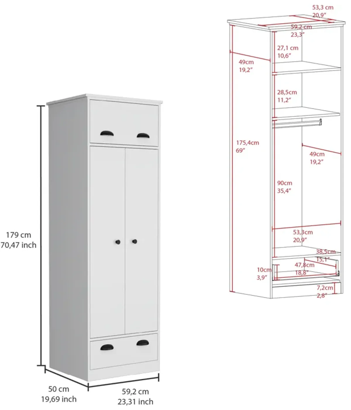 Falkland Armoire with 1 Drawer and 1 Hinged Drawer with Handles -Black