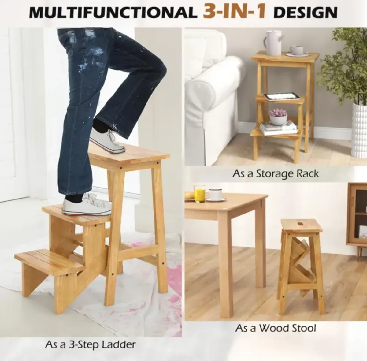 Hivvago 3-in-1 Rubber Wood Step Stool with Convenient Handle