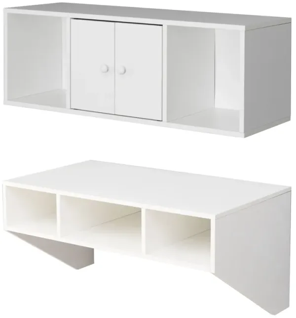 Wall Mounted Office Computer Desk and Floating Hutch Cabinet, White