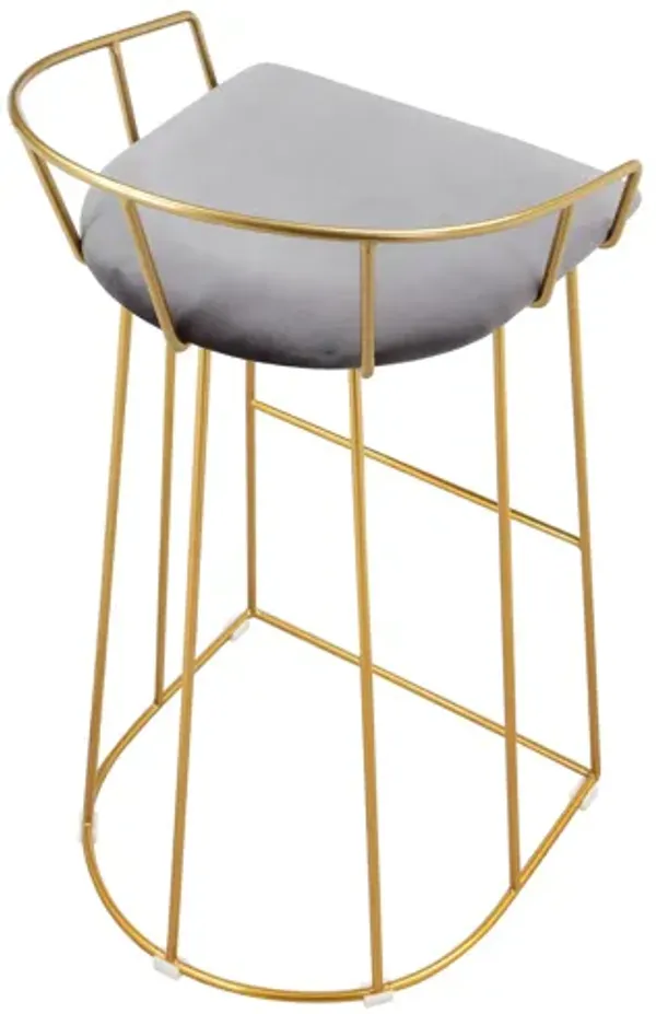 Cato 31 Inch Barstool Chair, Foam, Gray Velvet, Gold Steel Open Frame - Benzara