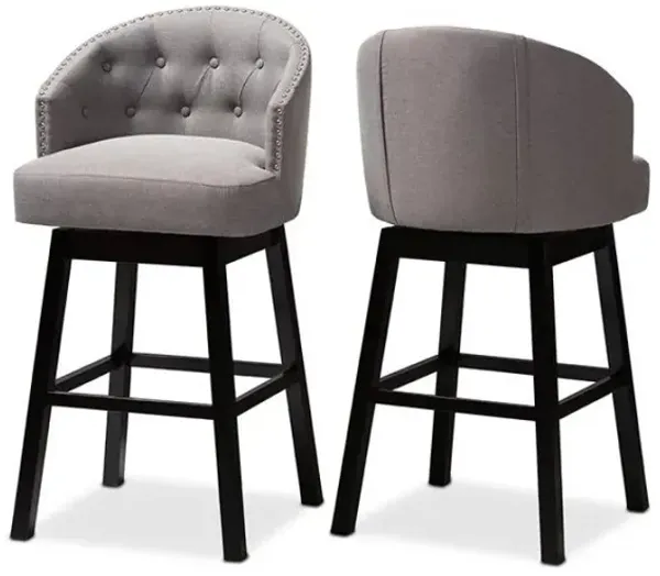 Theron Transitional Gray Fabric Upholstered Wood Swivel Bar Stool Set of 2