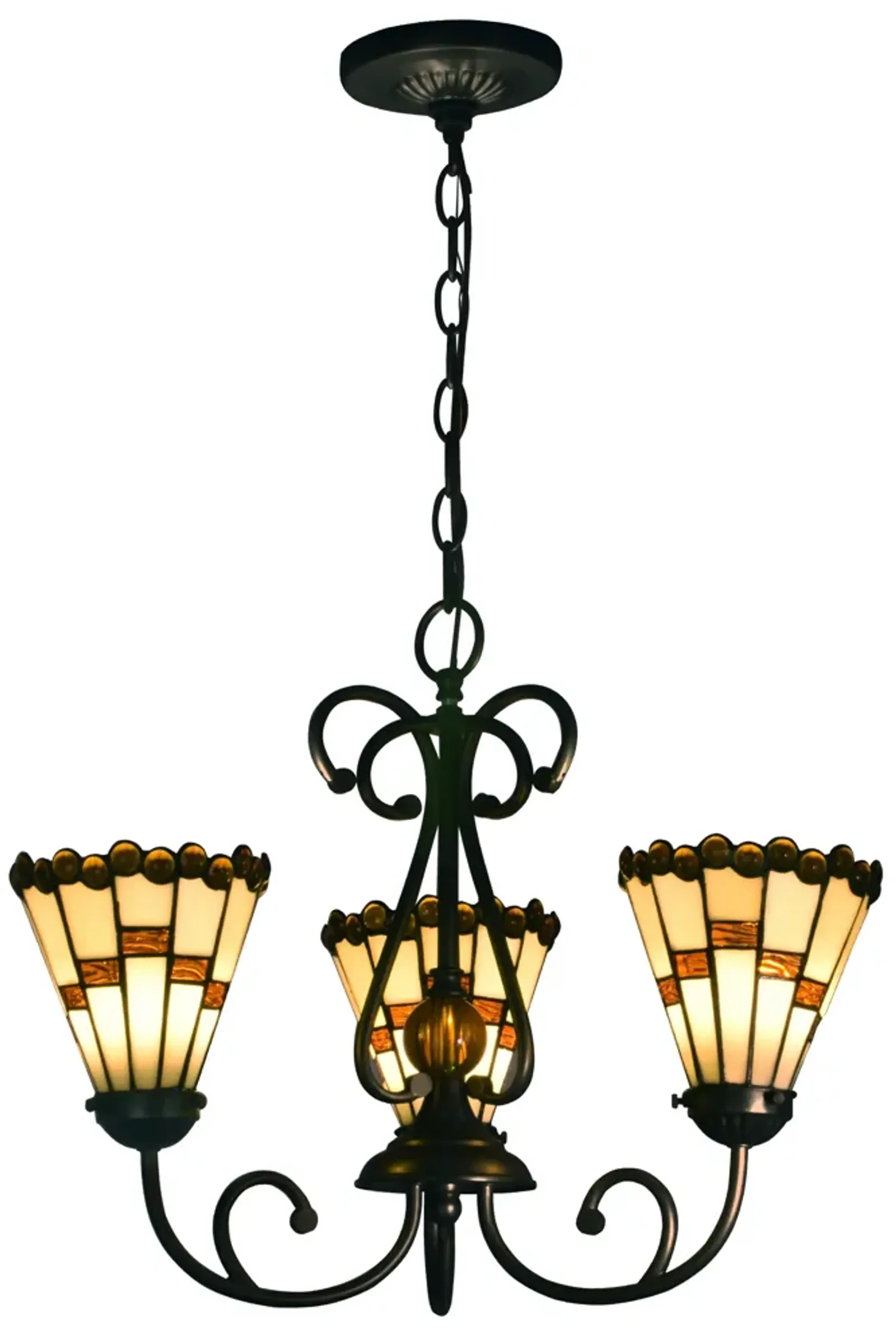 18" Black and Amber Art Glass Shades 3 Light Hanging Fixtures