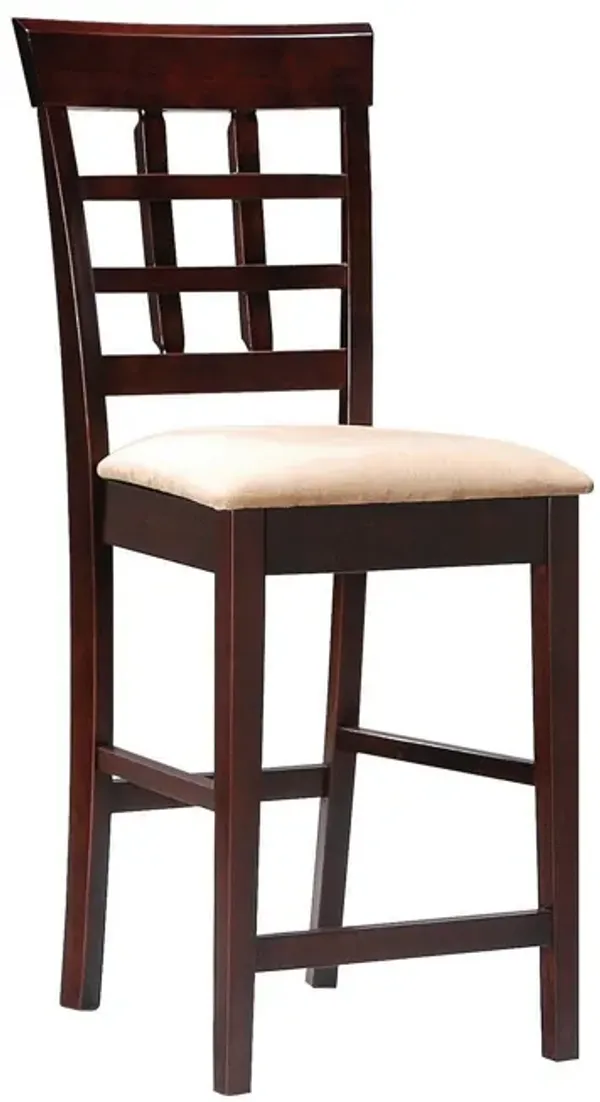 25 Inch Counter Height Stool, Lattice Design Back, Tan Fabric Seat, Brown