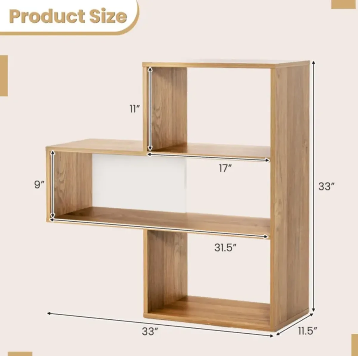 Hivvago Convex Bookshelf 3-Shelf Open Bookcase Room Organizer with Anti-Toppling Device