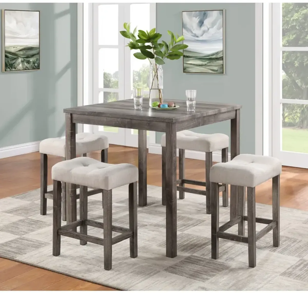 Lucian Brown Counter Height Pub Table Set with Tufted Creamy White Linen Stools