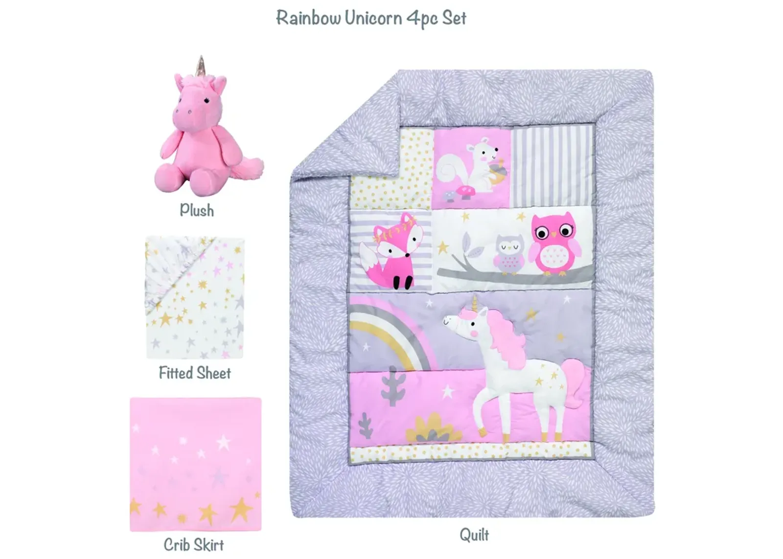 Bedtime Originals Rainbow Unicorn Pink/Purple 4-Piece Baby Crib Bedding Set