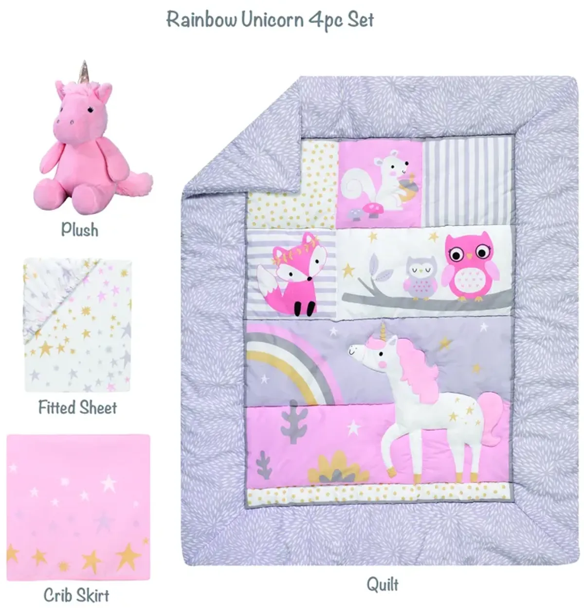 Bedtime Originals Rainbow Unicorn Pink/Purple 4-Piece Baby Crib Bedding Set