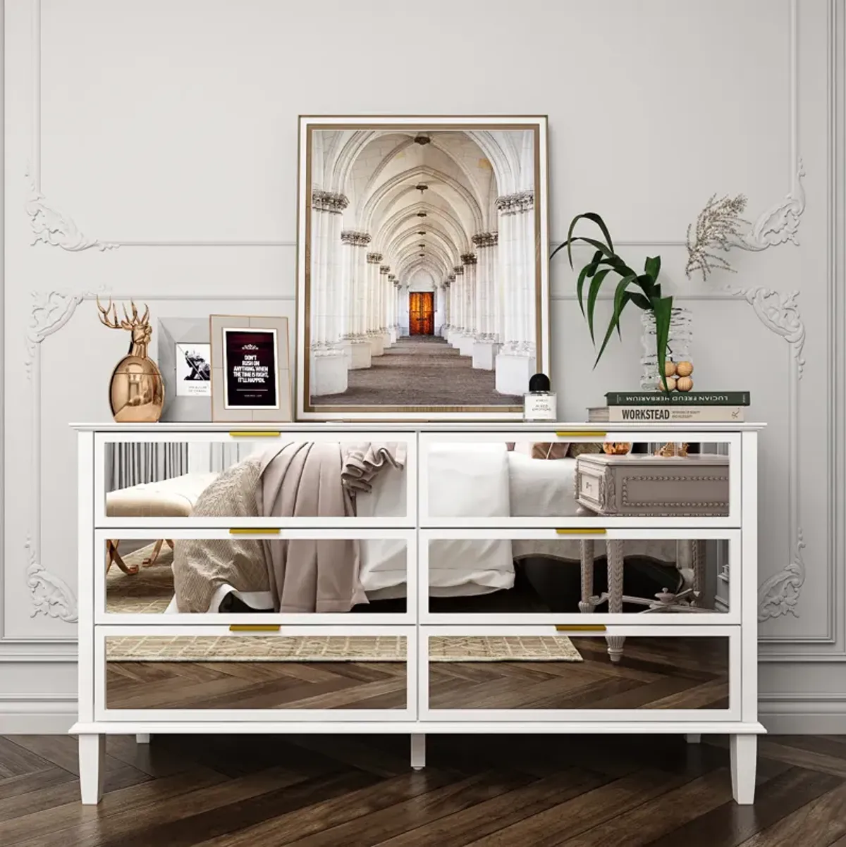 White High Gloss Mirrored 55.1 in. W Dresser With 6 Glass Drawers (15.7" D x 30.7" H)