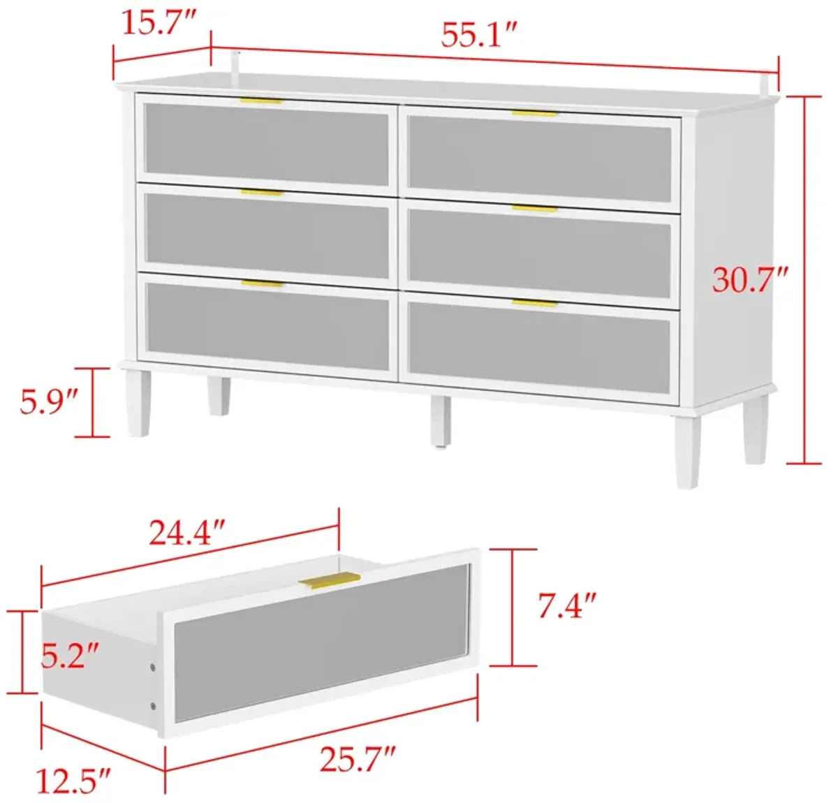 White High Gloss Mirrored 55.1 in. W Dresser With 6 Glass Drawers (15.7" D x 30.7" H)