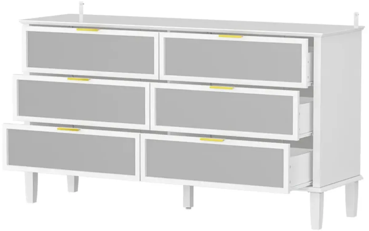 White High Gloss Mirrored 55.1 in. W Dresser With 6 Glass Drawers (15.7" D x 30.7" H)