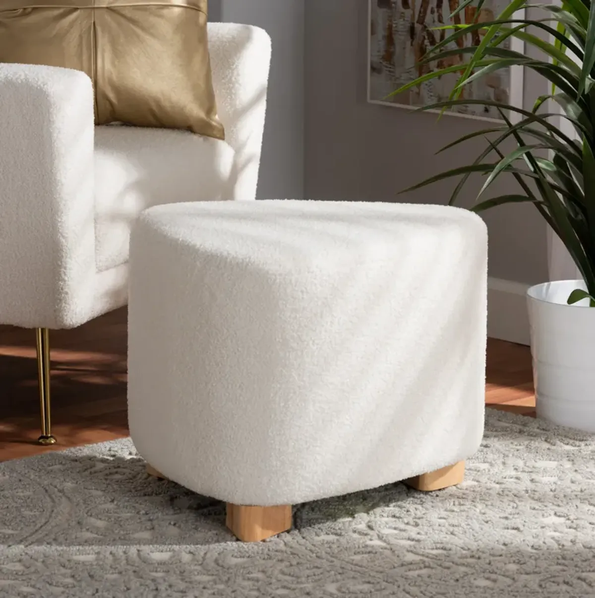 Baxton Studio Brielle Modern and Ivory Boucle Upholstered and Natural Brown Finished Ottoman