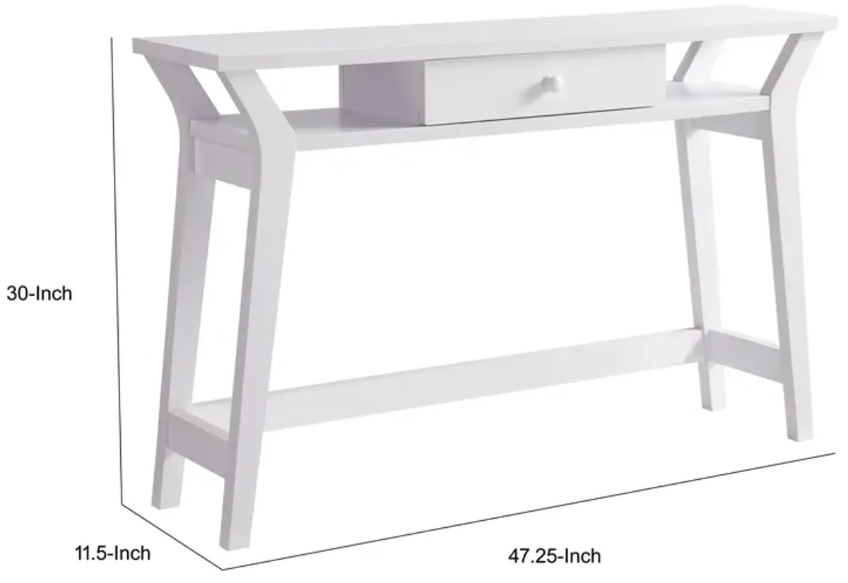 Dax 47 Inch Modern Console Table with Drawer and Mini Shelves, Wood, White-Benzara