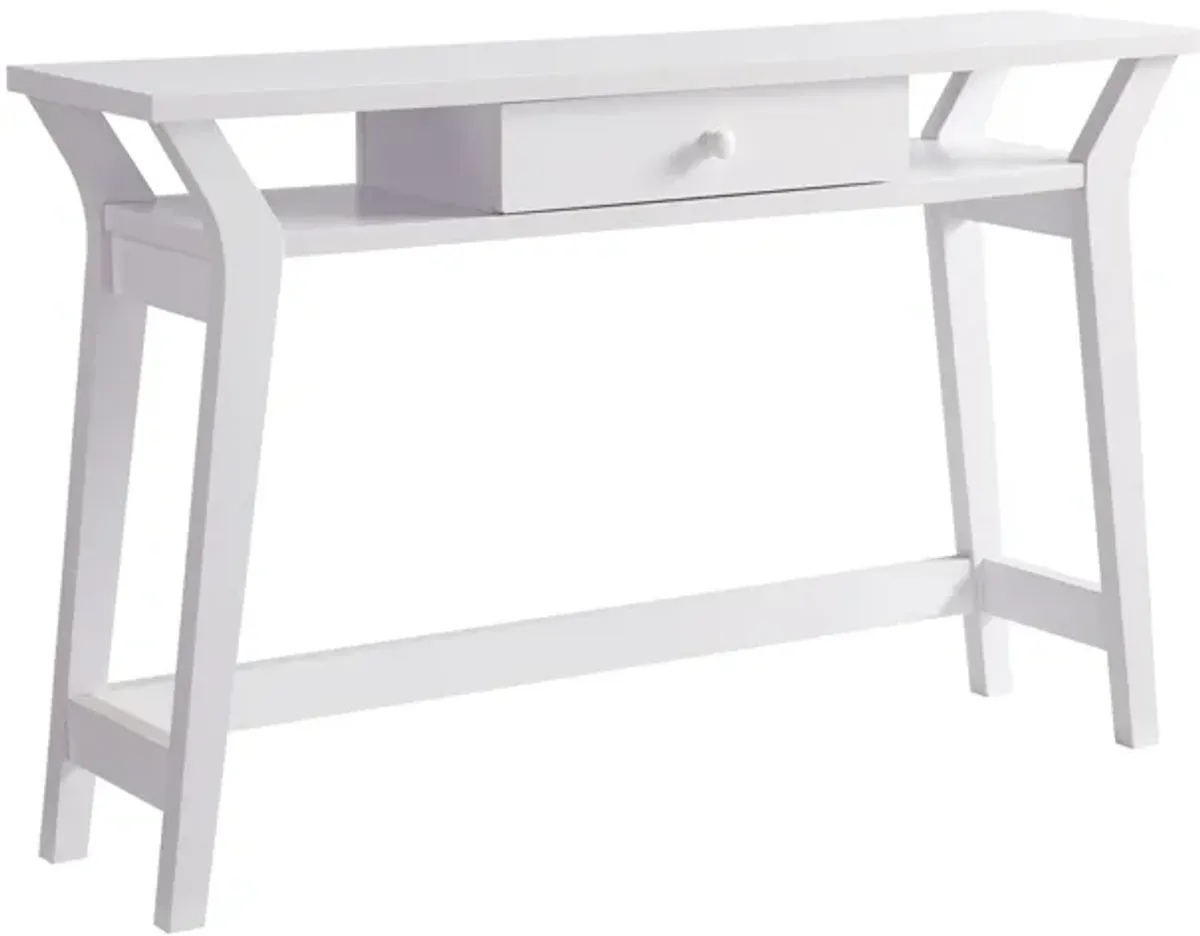 Dax 47 Inch Modern Console Table with Drawer and Mini Shelves, Wood, White-Benzara