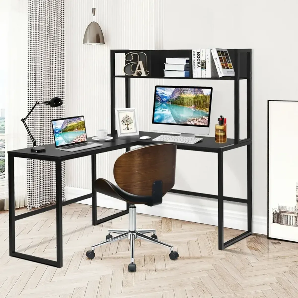 Reversible L-Shaped Corner Desk with Storage Bookshelf