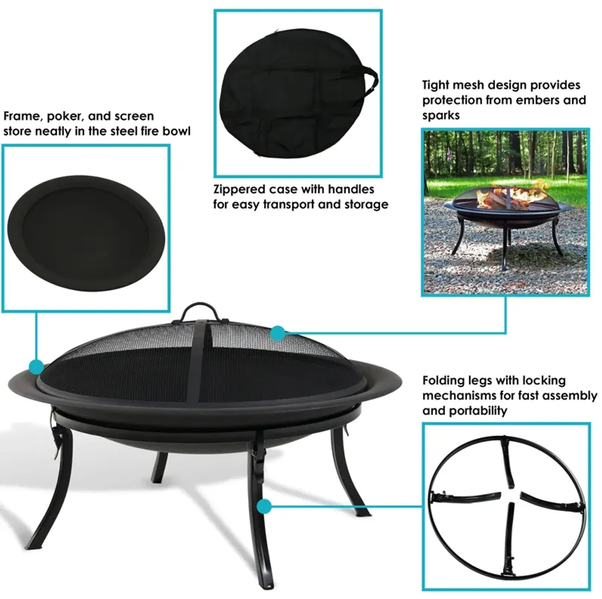 Sunnydaze 29 in Steel Fire Pit Bowl with Folding Stand, Case, and Screen