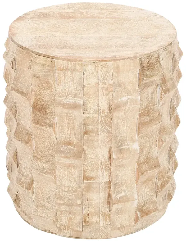 20 Inch Side End Table, Round Drum Shape with 3D Textured Design, Distressed White Finish - Benzara