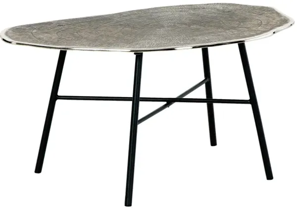 35 Inch Artisan Coffee Table, Abstract Shape Tabletop, Silver, Black-Benzara