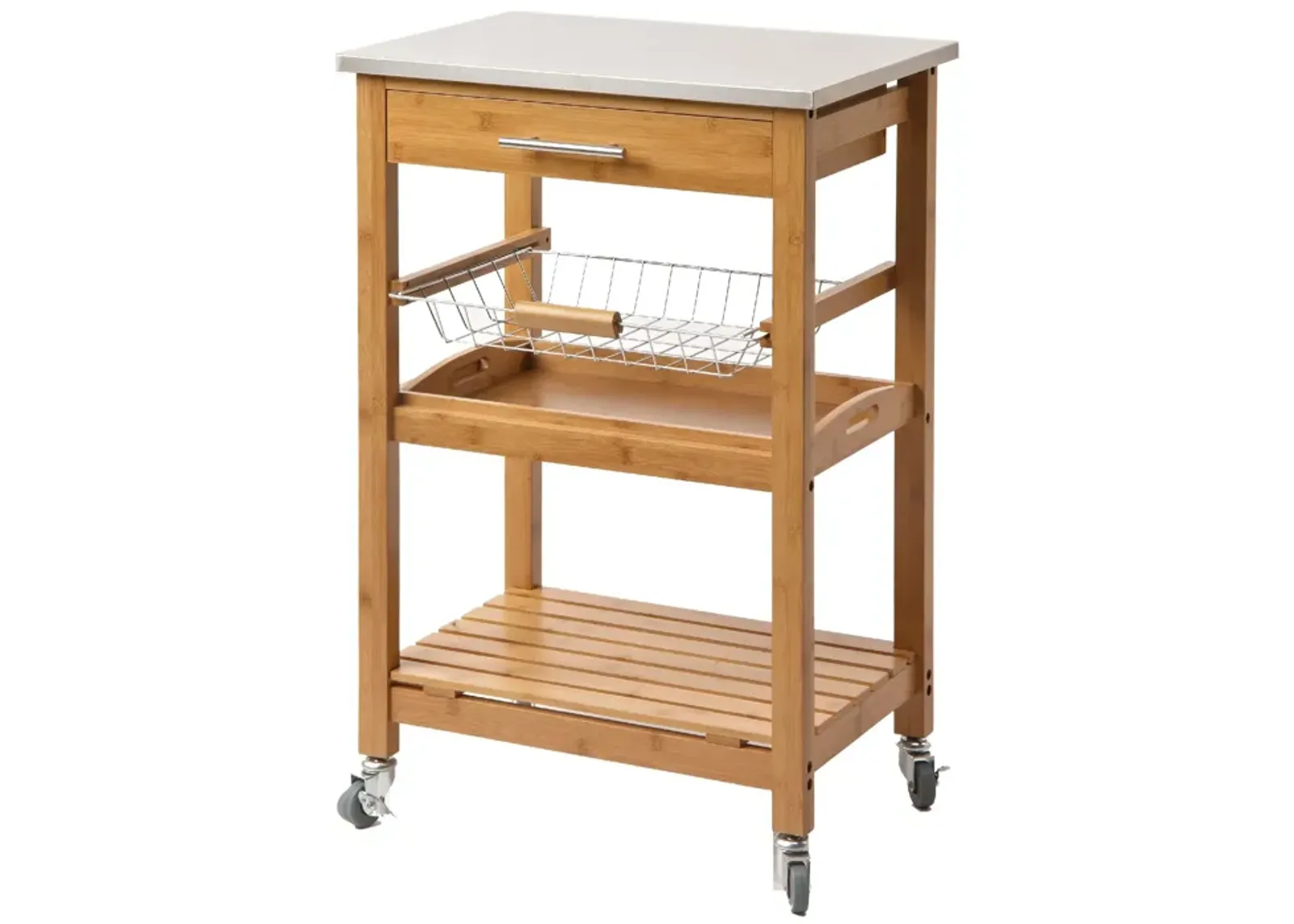 34 Inch Bamboo Kitchen Cart Island, Metal Basket, Stainless Steel Top, Brown - Benzara