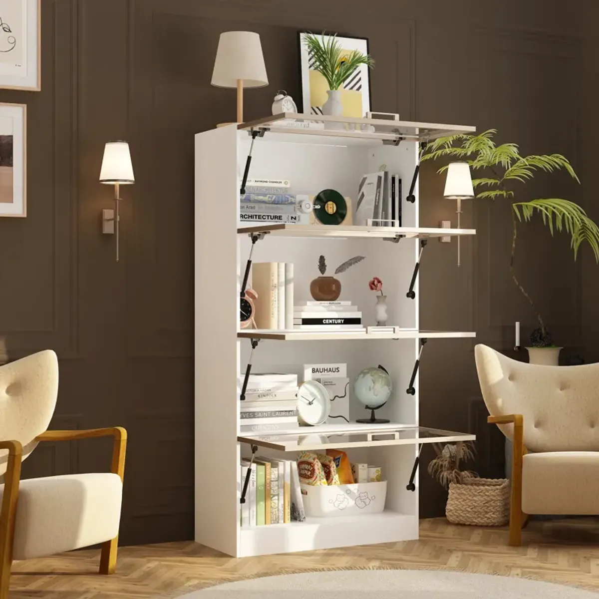 FUFU&GAGA White Mdf 4-Shelf Bookcase with Doors (31.5-in W x 63-in H x 15.7-in D),White