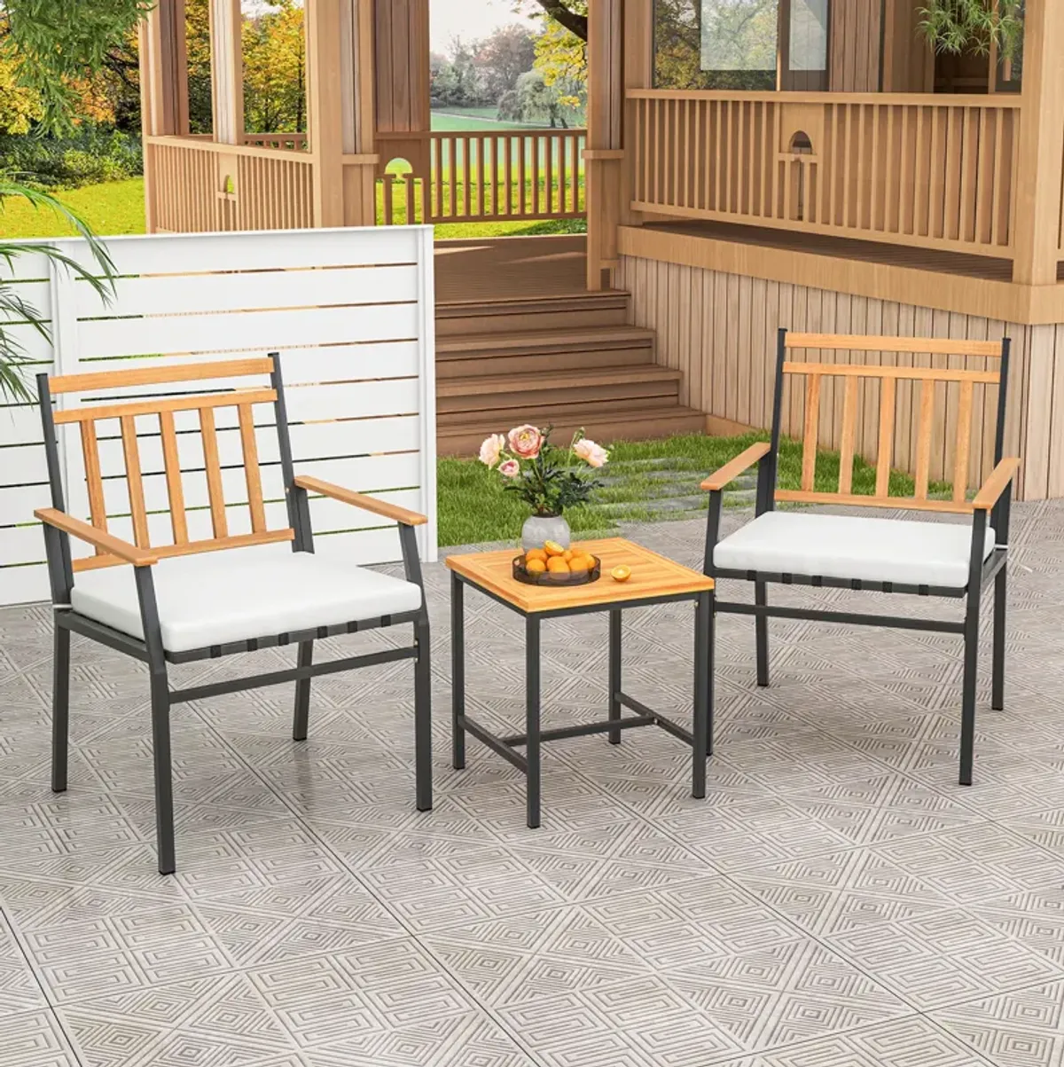 3 Pieces Outdoor Furniture Set Acacia Wood Patio Conversation Set with Cushions-White