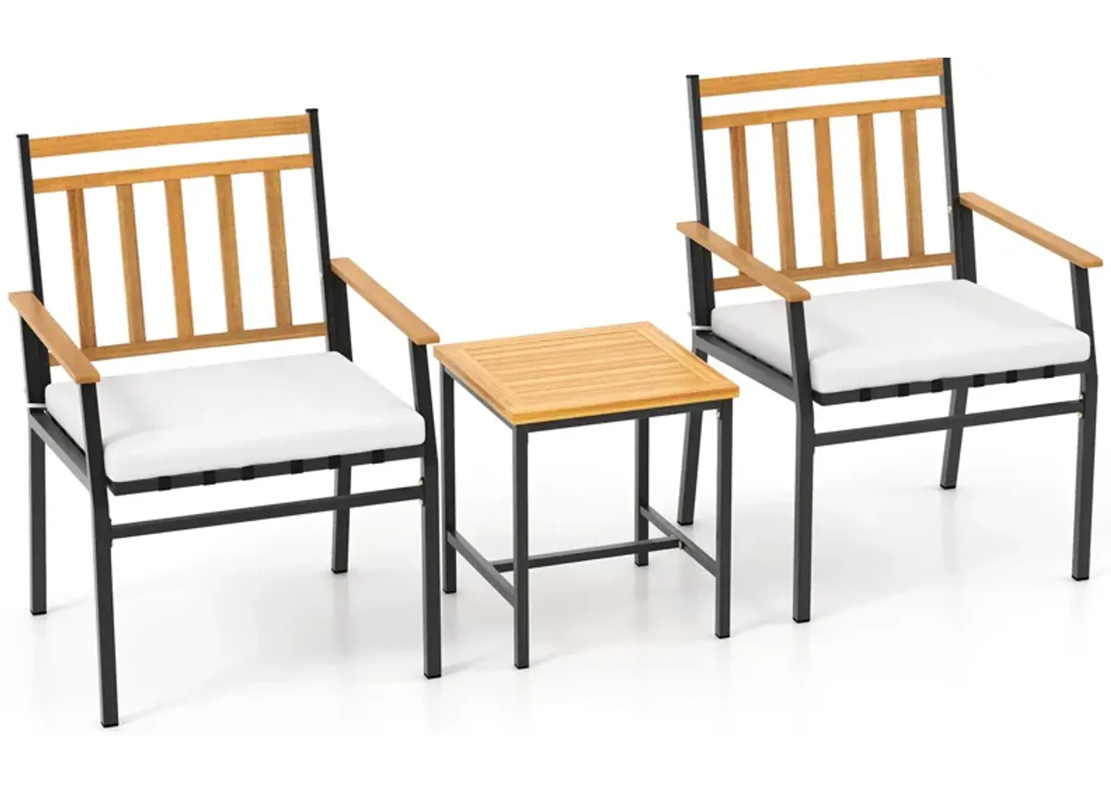 3 Pieces Outdoor Furniture Set Acacia Wood Patio Conversation Set with Cushions-White