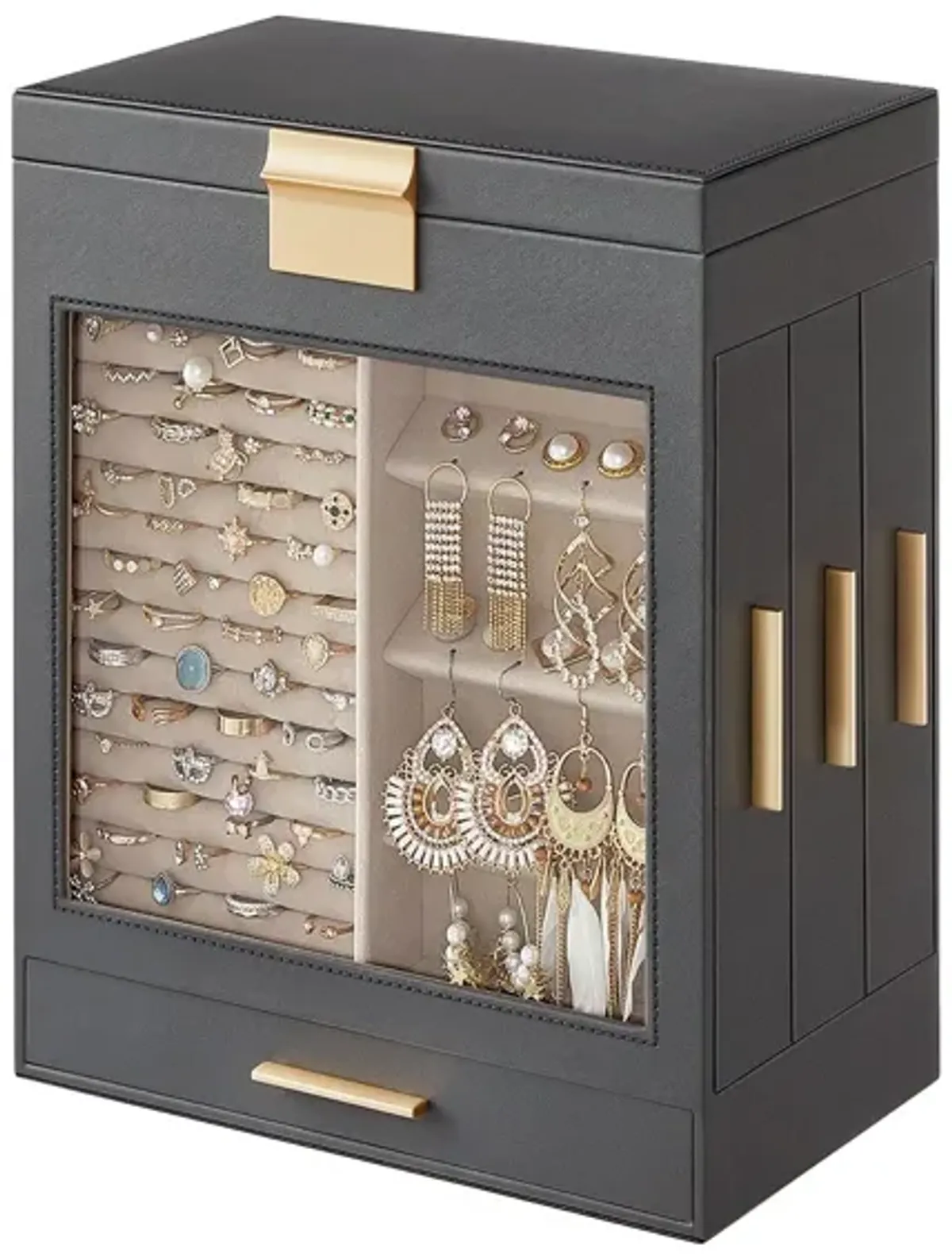 Elegant 5-Layer Jewelry Box with Glass Window, Vertical Storage Space, and Large Mirror