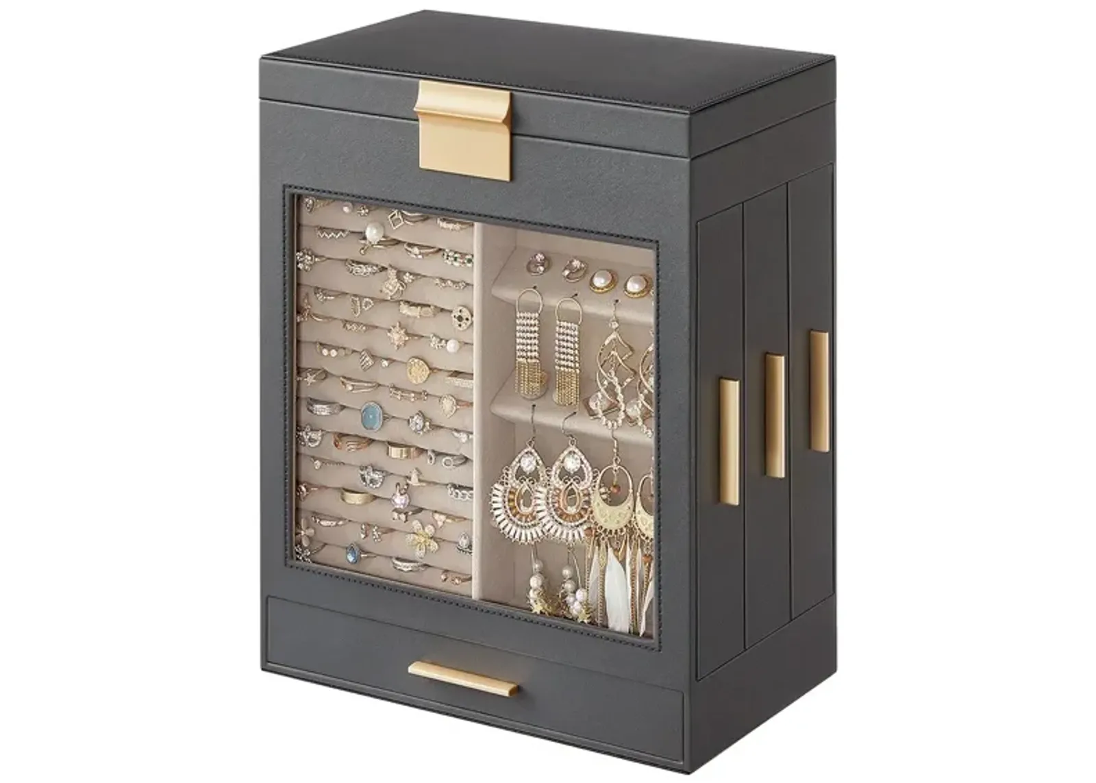 Elegant 5-Layer Jewelry Box with Glass Window, Vertical Storage Space, and Large Mirror