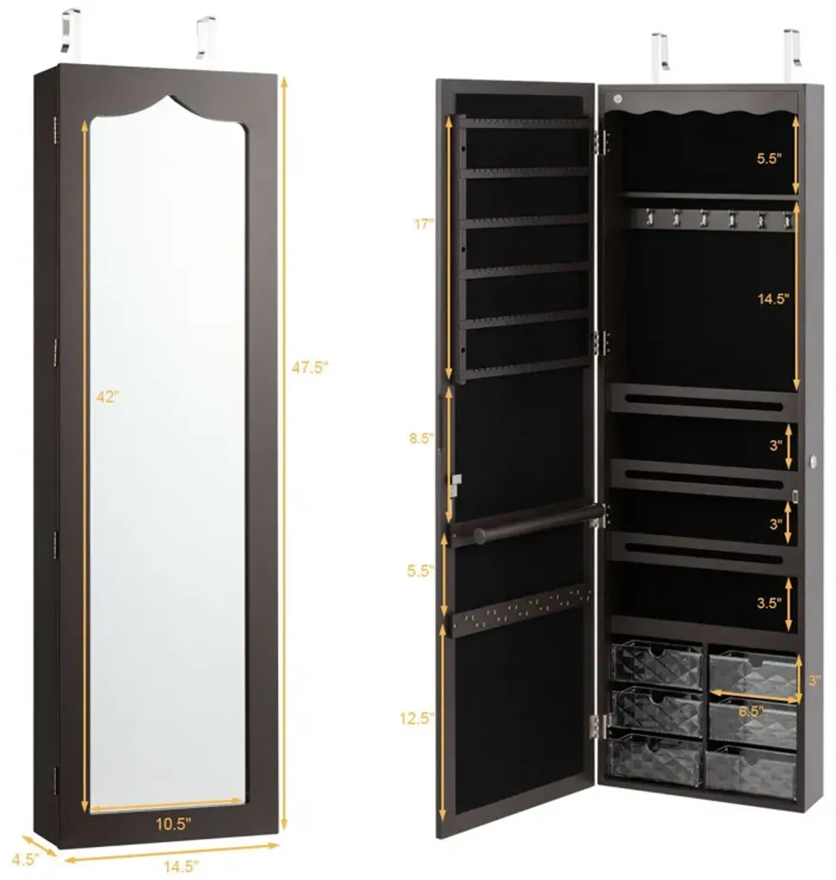 Door Hanging Mirror Jewelry Armoire with Full Length Mirror and 6 Drawers