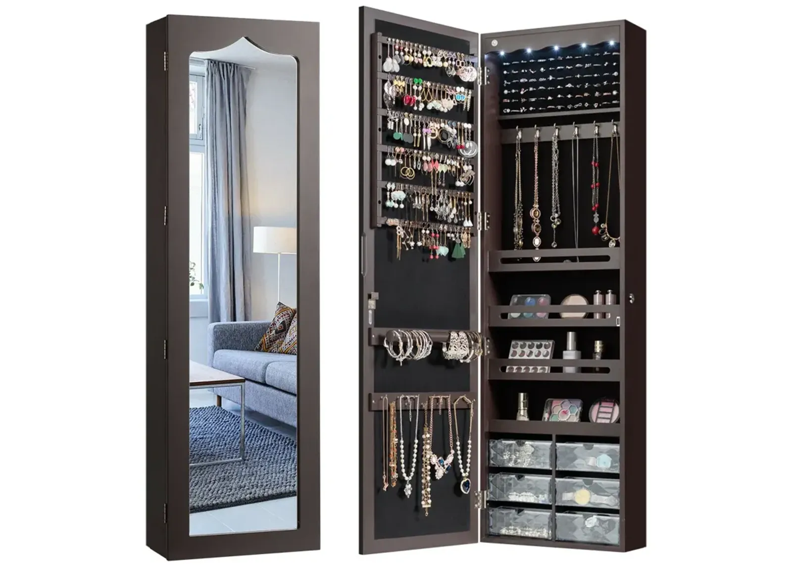 Door Hanging Mirror Jewelry Armoire with Full Length Mirror and 6 Drawers