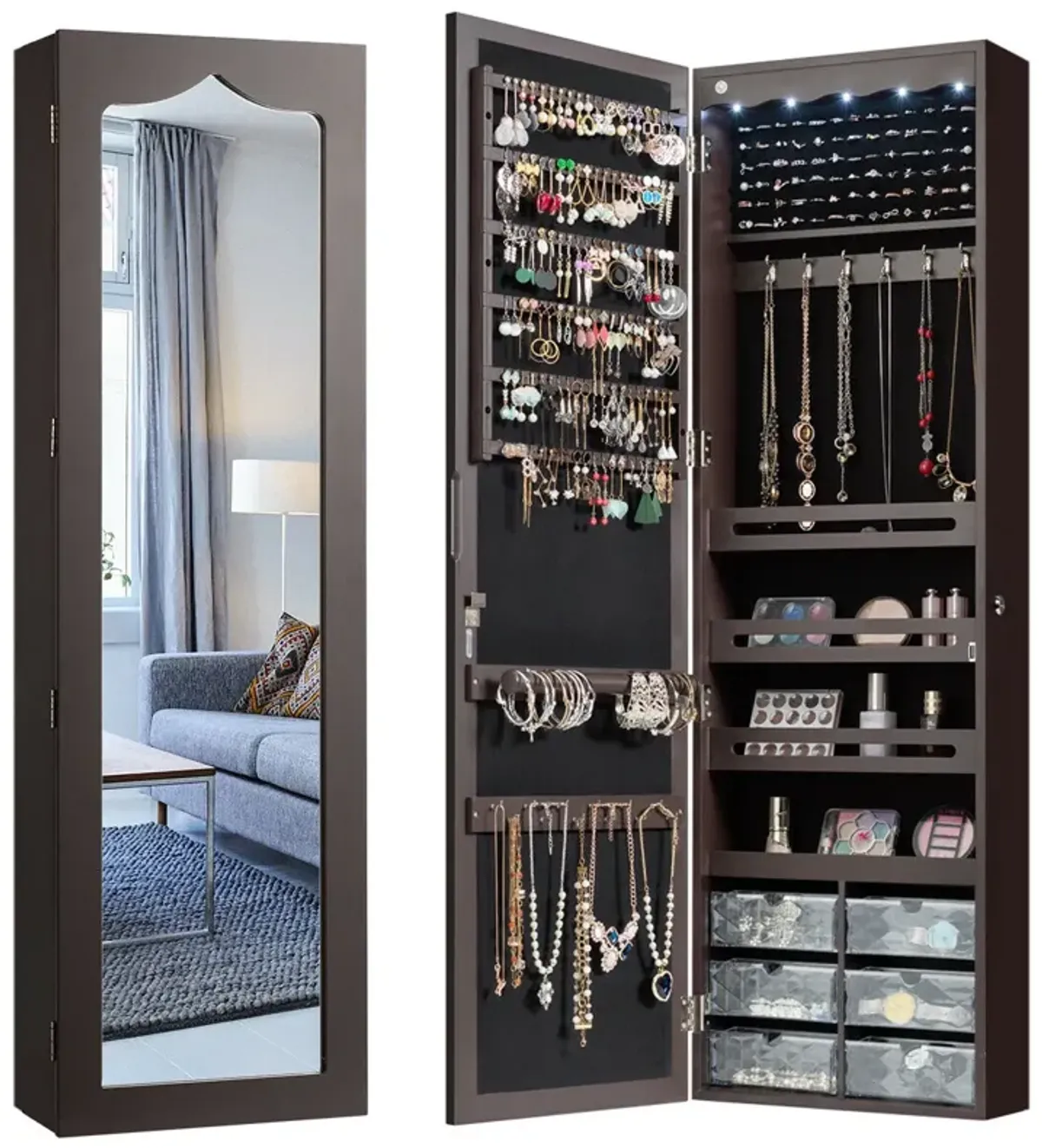 Door Hanging Mirror Jewelry Armoire with Full Length Mirror and 6 Drawers