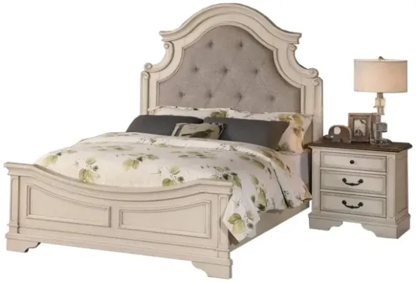Lupe King Size Bed, Gray Upholstered Scalloped Frame, Antique White Finish - Benzara